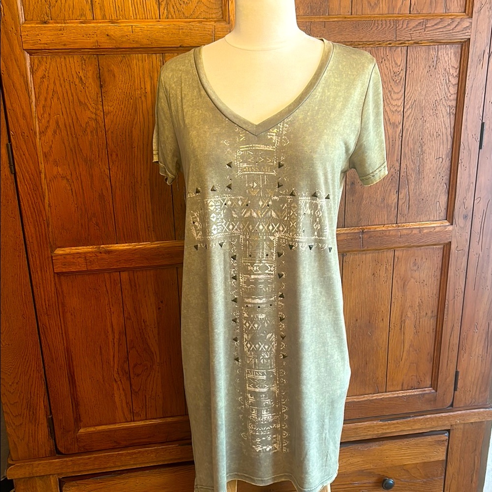 MISS ME⚜️V-Neck T-Shirt Style Soft Green & Gold DRESS with CROSS & Embellishment